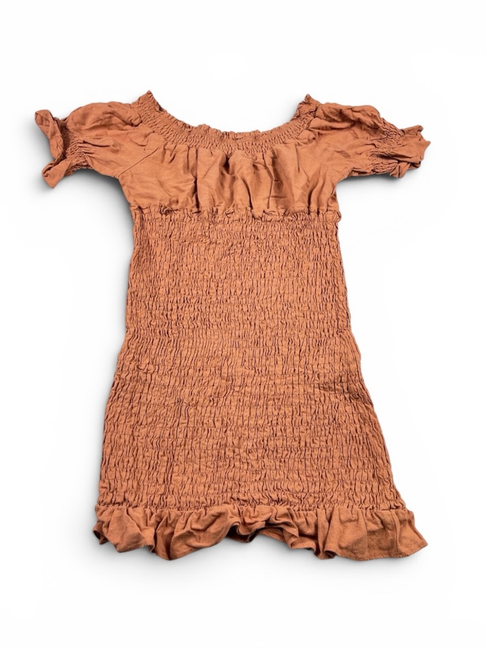 Vici Smocked Mini Dress Burnt Orange Boho Festival Off Shoulder Easy Pull On S